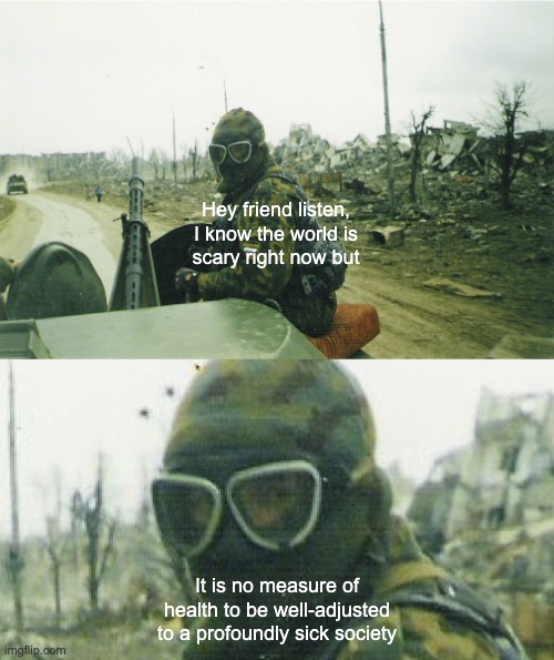 Hey Friend Listen | Hey friend listen,
I know the world is
scary right now but; It is no measure of health to be well-adjusted to a profoundly sick society | image tagged in hey friend listen | made w/ Imgflip meme maker