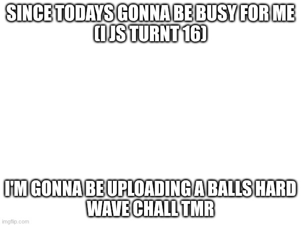 I turned 16 yippy :D | SINCE TODAYS GONNA BE BUSY FOR ME
(I JS TURNT 16); I'M GONNA BE UPLOADING A BALLS HARD
WAVE CHALL TMR | image tagged in gd,challenge,idk,birthday | made w/ Imgflip meme maker