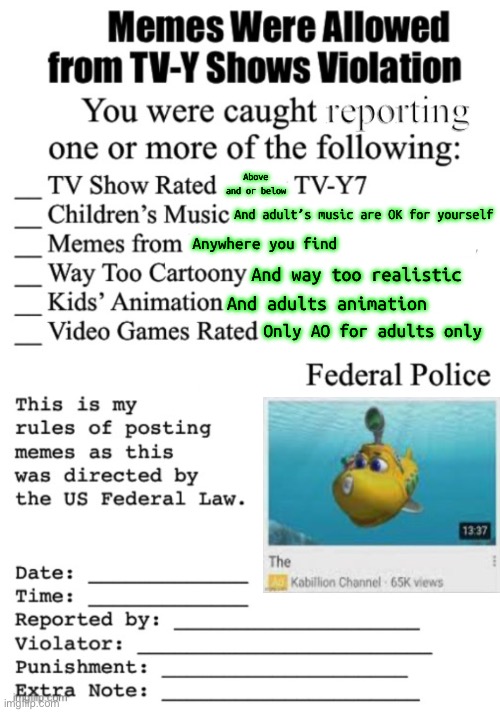 My own violation list (meatball sub sandwich) | Above and or below; And adult’s music are OK for yourself; Anywhere you find; And way too realistic; And adults animation; Only AO for adults only | image tagged in memes where allowed from tv y shows violation | made w/ Imgflip meme maker