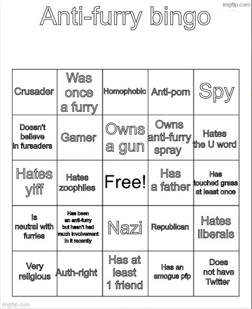 Anti-Furry bingo | image tagged in anti-furry bingo | made w/ Imgflip meme maker
