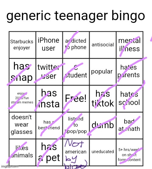 generic teenager bingo | image tagged in generic teenager bingo | made w/ Imgflip meme maker