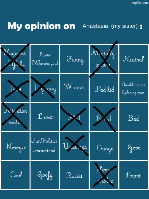 Hobo bingo | Anastasia  (my sister) | image tagged in my opinion on user bingo fries/gelatin's version | made w/ Imgflip meme maker