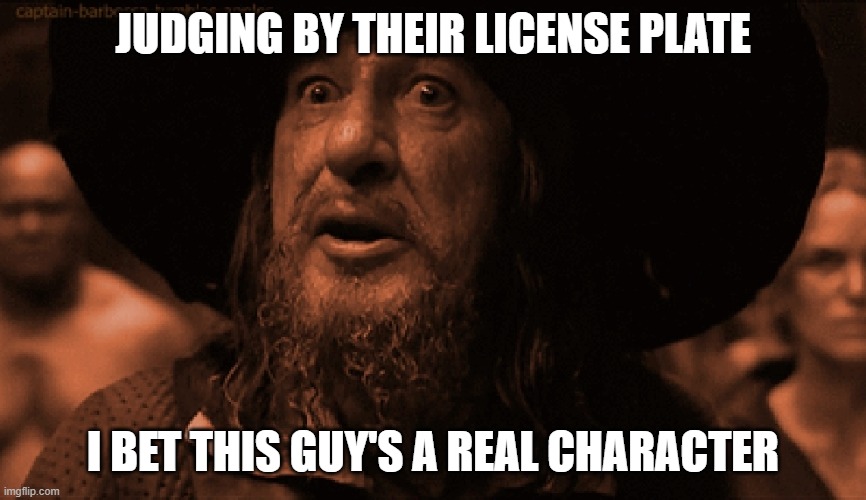 pirates of the caribbean barbossa | JUDGING BY THEIR LICENSE PLATE I BET THIS GUY'S A REAL CHARACTER | image tagged in pirates of the caribbean barbossa | made w/ Imgflip meme maker