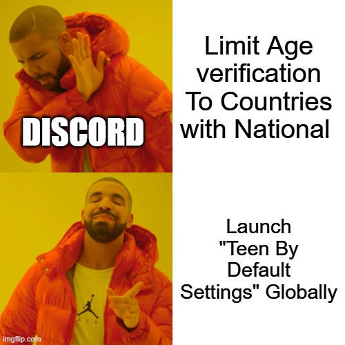 Drake Hotline Bling | Limit Age verification To Countries with National; DISCORD; Launch "Teen By Default Settings" Globally | image tagged in memes,drake hotline bling | made w/ Imgflip meme maker