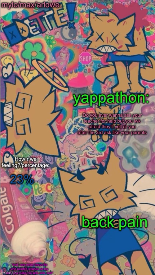 i’ll post actual memes soon dw. | Do you ever wanna ask your teacher for help but you lwk afraid they’ll yell at you after the 3rd ask like your parents; 23%; back pain | image tagged in arloweberry s stomach book temp | made w/ Imgflip meme maker