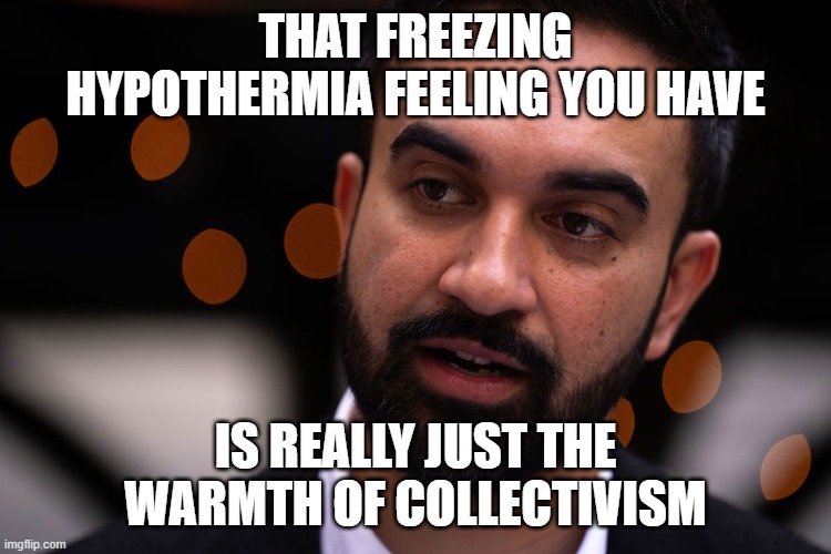 Zohran Mamdani | THAT FREEZING HYPOTHERMIA FEELING YOU HAVE IS REALLY JUST THE WARMTH OF COLLECTIVISM | image tagged in zohran mamdani | made w/ Imgflip meme maker