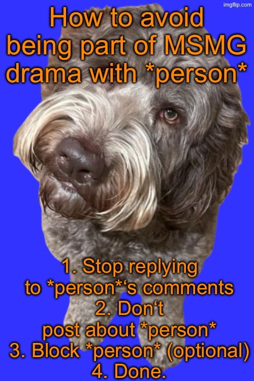 I just could have been in a drama but I avoided it using this simple method | How to avoid being part of MSMG drama with *person*; 1. Stop replying to *person*‘s comments
2. Don‘t post about *person*
3. Block *person* (optional)
4. Done. | image tagged in northers dog transparent | made w/ Imgflip meme maker