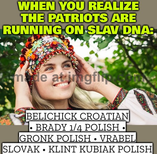 WHEN YOUR NFL TEAM'S ROSTER IS BASICALLY A SLAVIC FAMILY REUNION… | WHEN YOU REALIZE THE PATRIOTS ARE RUNNING ON SLAV DNA:; BELICHICK CROATIAN • BRADY 1/4 POLISH • GRONK POLISH • VRABEL SLOVAK • KLINT KUBIAK POLISH | image tagged in slavic lives matter,tom brady,nfl memes,genetics,dna,family reunion | made w/ Imgflip meme maker