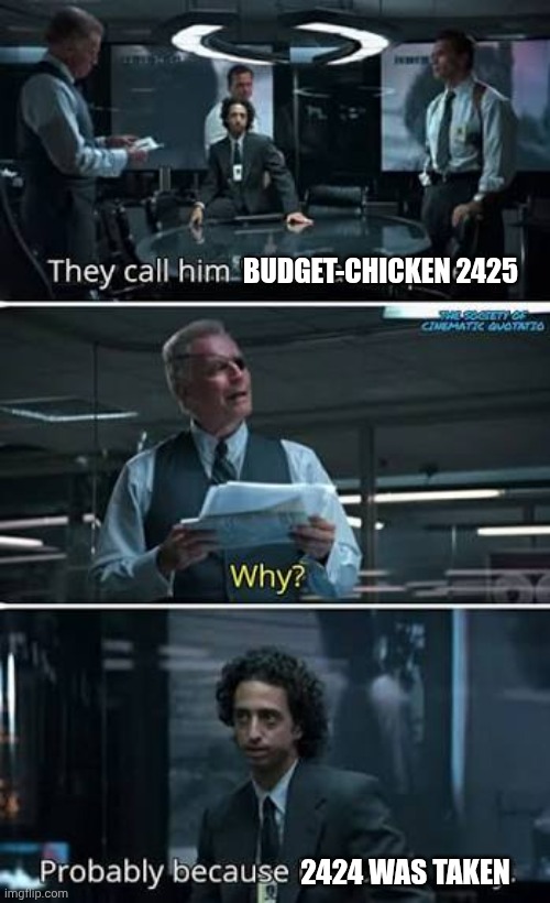 Budget Chicken | BUDGET-CHICKEN 2425; 2424 WAS TAKEN | image tagged in true lies sand spider | made w/ Imgflip meme maker