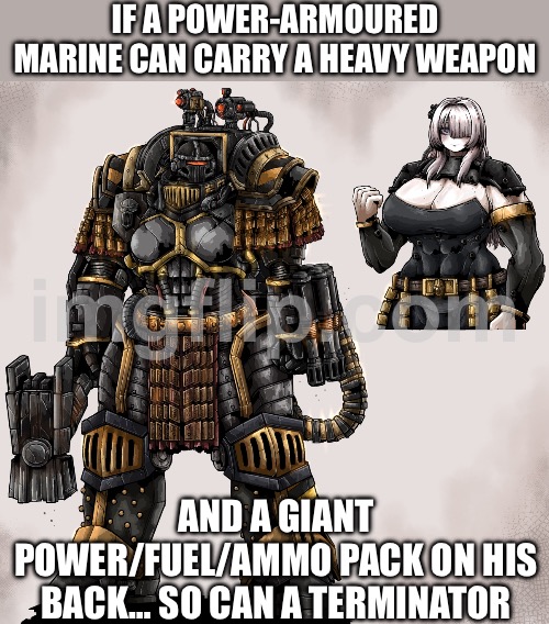 IF A POWER-ARMOURED MARINE CAN CARRY A HEAVY WEAPON; AND A GIANT POWER/FUEL/AMMO PACK ON HIS BACK… SO CAN A TERMINATOR | IF A POWER-ARMOURED MARINE CAN CARRY A HEAVY WEAPON; AND A GIANT POWER/FUEL/AMMO PACK ON HIS BACK… SO CAN A TERMINATOR | image tagged in warhammer 40 000,terminator,weapons,gaming,gamers,armor | made w/ Imgflip meme maker