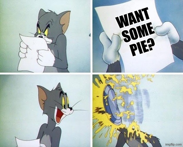 Tom and Jerry custard pie | WANT SOME PIE? | image tagged in tom and jerry custard pie | made w/ Imgflip meme maker