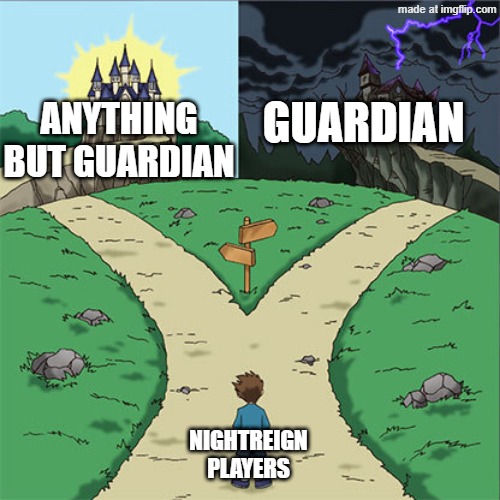 Two paths | GUARDIAN; ANYTHING BUT GUARDIAN; NIGHTREIGN PLAYERS | image tagged in two paths | made w/ Imgflip meme maker