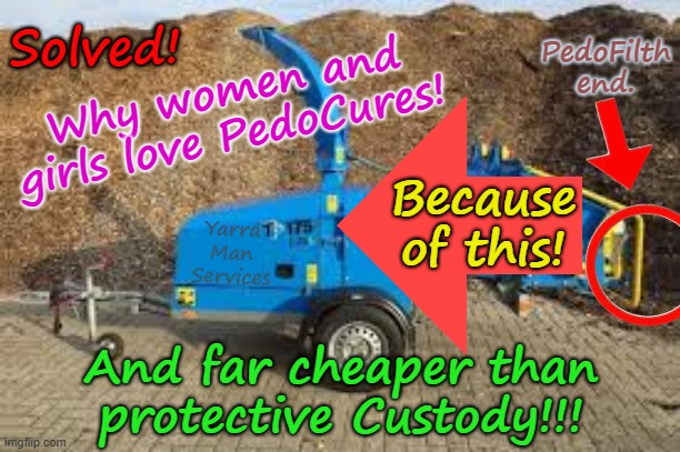 Ever wonder why women and girls love Pedocures? Well wonder no more! | Solved! PedoFilth end. Why women and girls love PedoCures! Because of this! Yarra Man Services; And far cheaper than protective Custody!!! | image tagged in pedicures women girls,pedophiles paedophiles chomos filth,priests politicians magistrates judges,united islamic kingdom | made w/ Imgflip meme maker