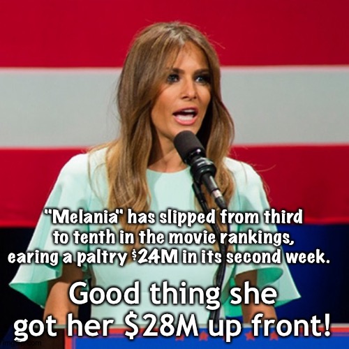 She profits, the film loses | "Melania" has slipped from third to tenth in the movie rankings, earing a paltry $2.4M in its second week. Good thing she got her $28M up front! | image tagged in melania trump | made w/ Imgflip meme maker