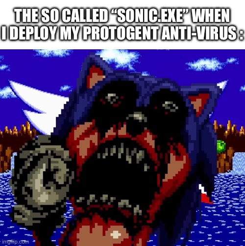 haha he gonna die | THE SO CALLED “SONIC.EXE” WHEN I DEPLOY MY PROTOGENT ANTI-VIRUS : | image tagged in scary,memes,virus,sonic the hedgehog,sonic exe,funny | made w/ Imgflip meme maker
