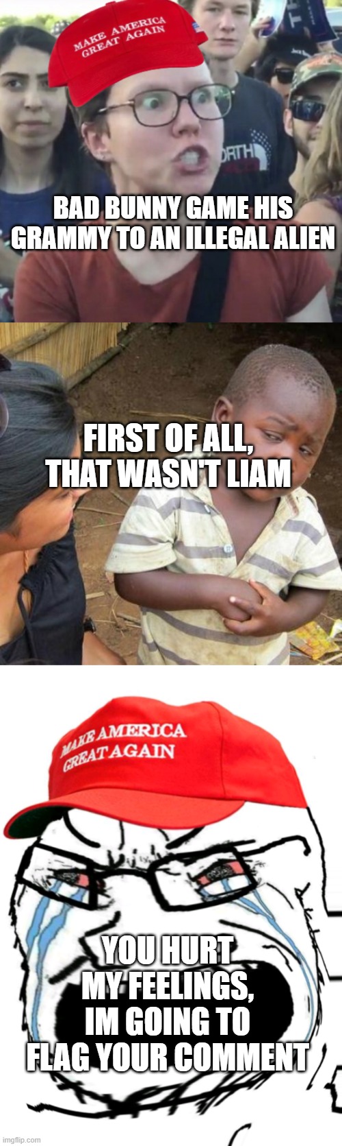 Arguing with Maga be like #2 | BAD BUNNY GAME HIS GRAMMY TO AN ILLEGAL ALIEN; FIRST OF ALL, THAT WASN'T LIAM; YOU HURT MY FEELINGS, IM GOING TO FLAG YOUR COMMENT | image tagged in maga loser,memes,third world skeptical kid,crying maga wojak,arguing with maga be like | made w/ Imgflip meme maker