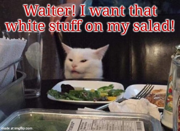 Cat at table | Waiter! I want that white stuff on my salad! | image tagged in cat at table | made w/ Imgflip meme maker