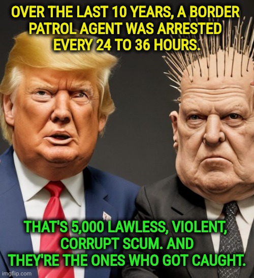 Border Patrol, the real criminals. | OVER THE LAST 10 YEARS, A BORDER 
PATROL AGENT WAS ARRESTED 
EVERY 24 TO 36 HOURS. THAT'S 5,000 LAWLESS, VIOLENT, 
CORRUPT SCUM. AND THEY'RE THE ONES WHO GOT CAUGHT. | image tagged in trump and pinhead tom homan racist ethnic cleansing,border patrol,criminal,arrested,violence,corruption | made w/ Imgflip meme maker