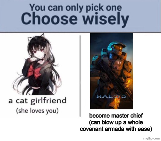 Choose wisely | become master chief
(can blow up a whole covenant armada with ease) | image tagged in choose wisely,halo,master chief | made w/ Imgflip meme maker