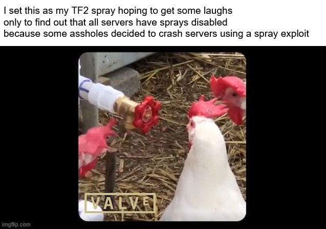 here comes the big sad | I set this as my TF2 spray hoping to get some laughs only to find out that all servers have sprays disabled because some assholes decided to crash servers using a spray exploit | made w/ Imgflip meme maker
