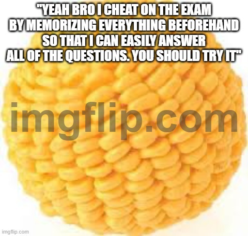 Anyone know what this kind of cornball activity is called? | "YEAH BRO I CHEAT ON THE EXAM BY MEMORIZING EVERYTHING BEFOREHAND SO THAT I CAN EASILY ANSWER ALL OF THE QUESTIONS. YOU SHOULD TRY IT" | image tagged in cornball | made w/ Imgflip meme maker