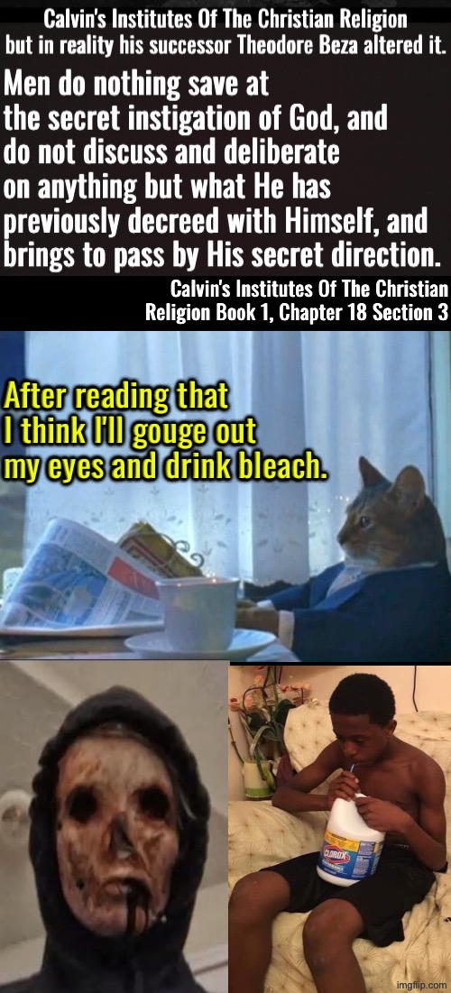 Such quotes require the gouging out of the eyes and bleach drinking | Calvin's Institutes Of The Christian Religion Book 1, Chapter 18 Section 3; After reading that I think I'll gouge out my eyes and drink bleach. | image tagged in i should buy a boat cat,calvinism,calvinist memes,reformed theology,drink bleach,my eyes | made w/ Imgflip meme maker