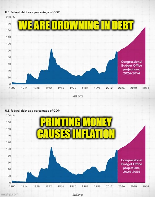 US debt is not sustainable | WE ARE DROWNING IN DEBT; PRINTING MONEY
CAUSES INFLATION | image tagged in inflation | made w/ Imgflip meme maker