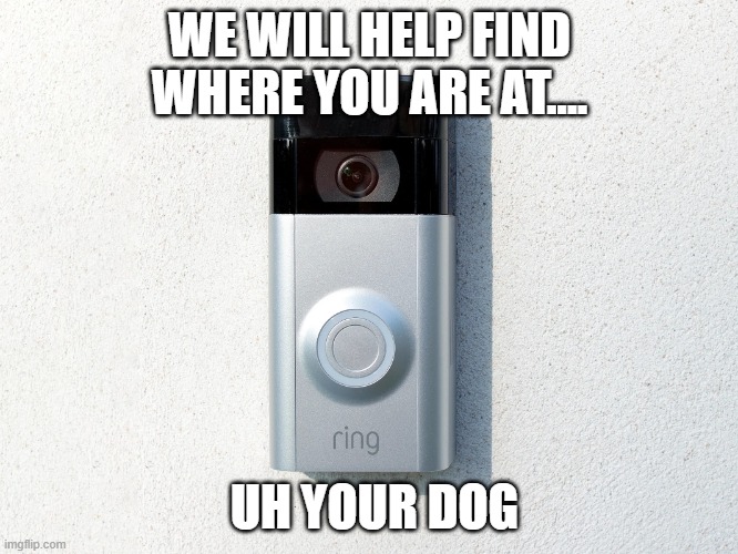 Uh we will help find where you are at.... | WE WILL HELP FIND WHERE YOU ARE AT.... UH YOUR DOG | image tagged in ring camera,funny,surveillance,gestapo,privacy,superbowl | made w/ Imgflip meme maker