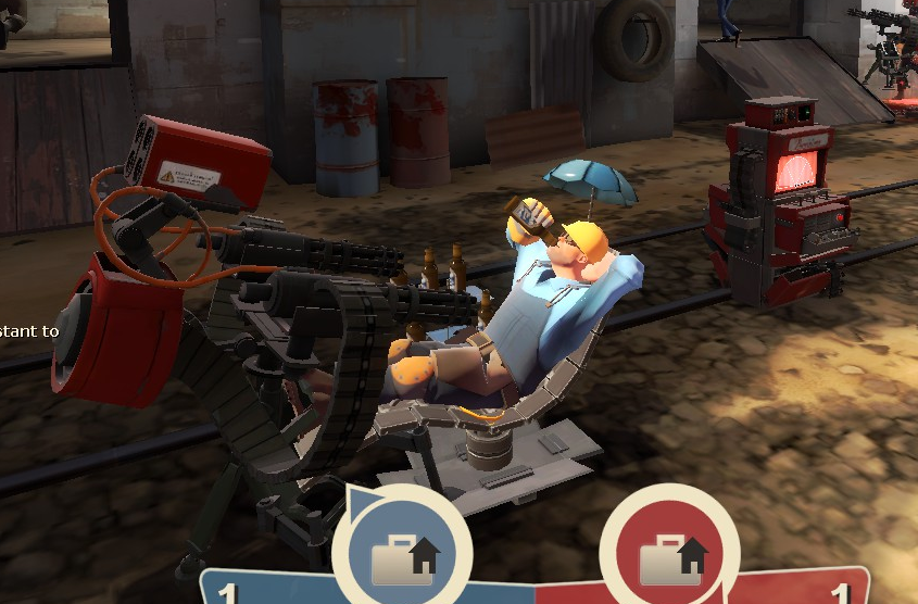 High Quality tf2 red sentry pointing at relaxing blue engie Blank Meme Template