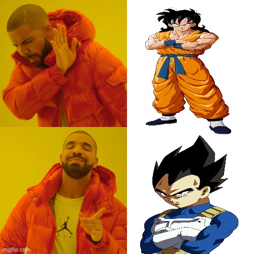 From a Desert Bandit to a Galactic Prince: The Ultimate Glow-Up | image tagged in drake hotline bling,hotline bling,drake,yamcha,vegeta,dragon ball z | made w/ Imgflip meme maker