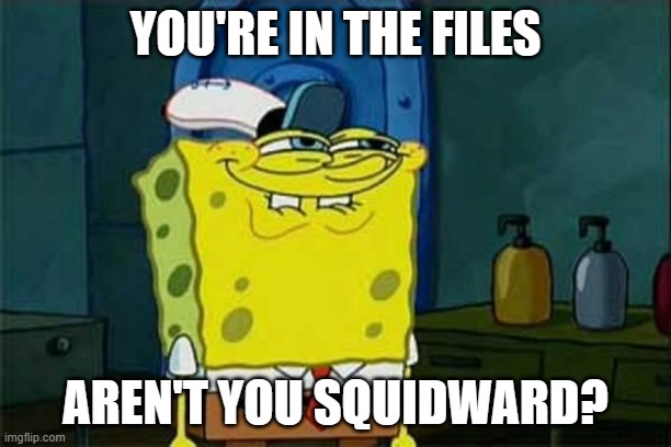 Imagine. | YOU'RE IN THE FILES; AREN'T YOU SQUIDWARD? | image tagged in you like krabby patties | made w/ Imgflip meme maker