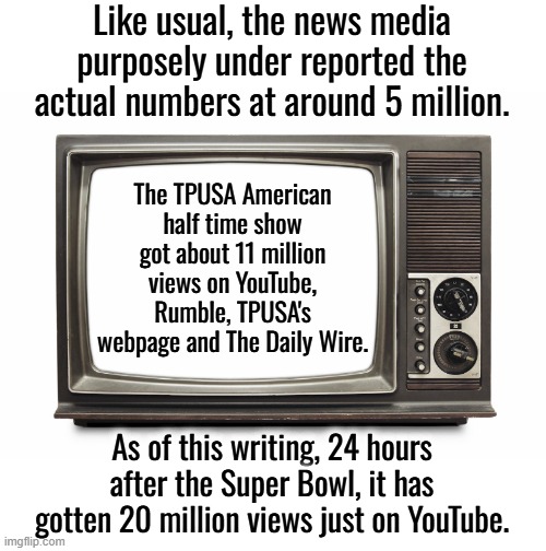 Retro TV Set | Like usual, the news media purposely under reported the actual numbers at around 5 million. The TPUSA American half time show got about 11 million views on YouTube, Rumble, TPUSA's webpage and The Daily Wire. As of this writing, 24 hours after the Super Bowl, it has gotten 20 million views just on YouTube. | image tagged in retro tv set | made w/ Imgflip meme maker