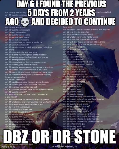 Im returning to this again after 2 years chat | DAY 6 I FOUND THE PREVIOUS 5 DAYS FROM 2 YEARS AGO 💀 AND DECIDED TO CONTINUE; DBZ OR DR STONE | image tagged in anime,100 day anime challenge,hello | made w/ Imgflip meme maker