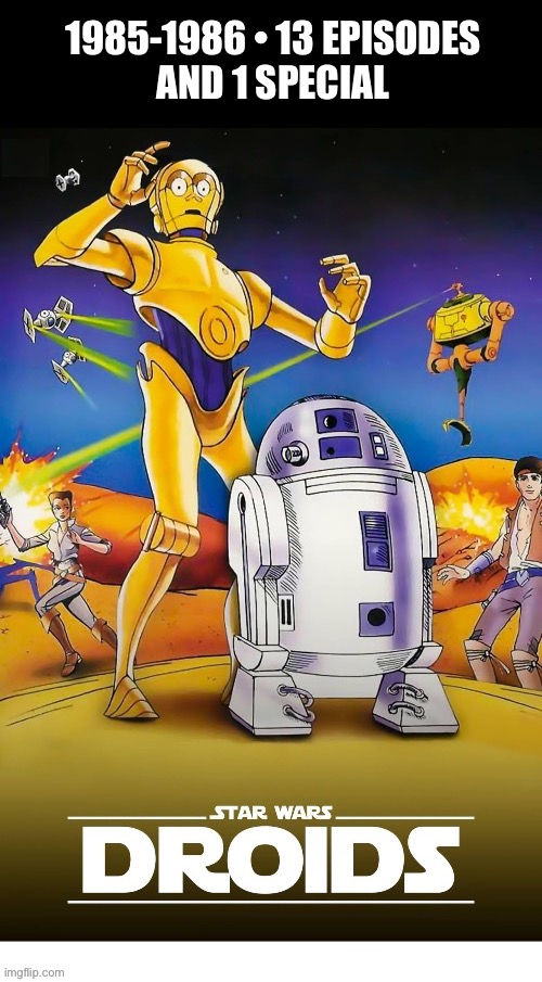 This series was an animated prequel to the first 3 Star Wars films… | 1985-1986 • 13 EPISODES 
AND 1 SPECIAL | image tagged in cartoons,droids,sfar wars,prequel,r2d2  c3po | made w/ Imgflip meme maker