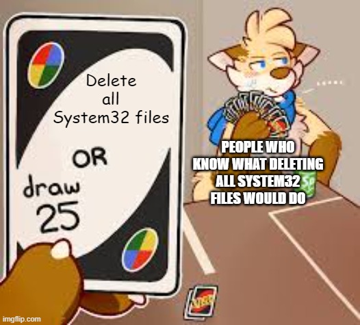 Deleting System32 Would Break Windows. | Delete all System32 files; PEOPLE WHO KNOW WHAT DELETING ALL SYSTEM32 FILES WOULD DO | image tagged in furry or draw 25,memes,windows,system,delete,furry | made w/ Imgflip meme maker