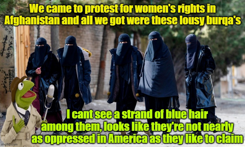 "The AWFUL's Vs. Allah", the "feel good" movie of the year | We came to protest for women's rights in Afghanistan and all we got were these lousy burqa's; I cant see a strand of blue hair among them, looks like they're not nearly as oppressed in America as they like to claim | image tagged in feminism,leftists,protests,womens rights,oppression | made w/ Imgflip meme maker