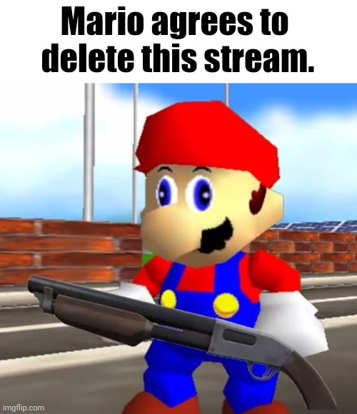 SMG4 Shotgun Mario | Mario agrees to 
delete this stream. | image tagged in smg4 shotgun mario | made w/ Imgflip meme maker