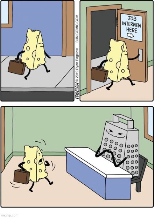 The job interview | image tagged in comics,buni comics,swiss cheese,job interview,cheese grater,not good | made w/ Imgflip meme maker