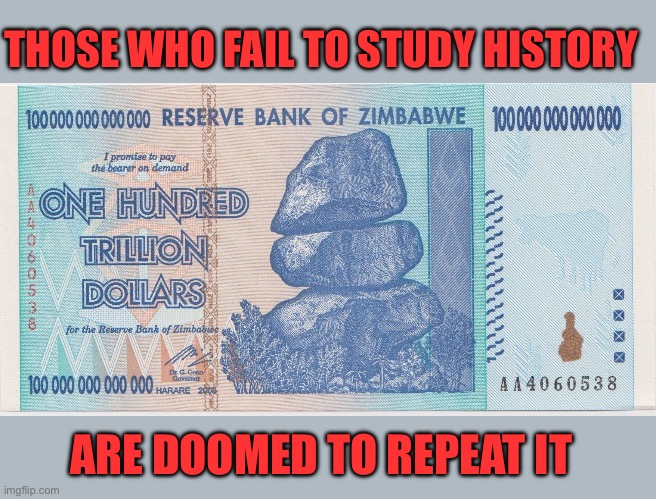 Zimbabwe trillion | THOSE WHO FAIL TO STUDY HISTORY ARE DOOMED TO REPEAT IT | image tagged in zimbabwe trillion | made w/ Imgflip meme maker