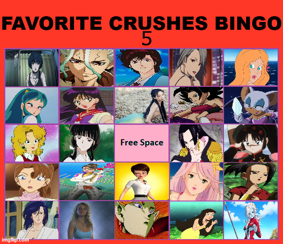 favorite crushes bingo 5 | 5 | image tagged in favorite crushes bingo,bingos,anime,movies,number 5,beautiful girl | made w/ Imgflip meme maker