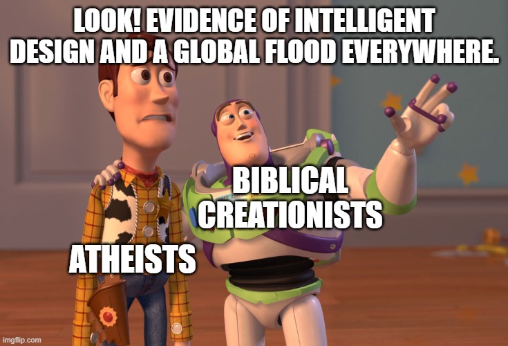 The Evidence is Everywhere. | LOOK! EVIDENCE OF INTELLIGENT DESIGN AND A GLOBAL FLOOD EVERYWHERE. BIBLICAL CREATIONISTS; ATHEISTS | image tagged in memes,x x everywhere,evidence,intelligent,design,flood | made w/ Imgflip meme maker