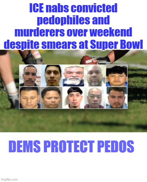 Seems more a & more that a lot of  DEM politicians are Pedos State & fed level. | ICE nabs convicted pedophiles and murderers over weekend despite smears at Super Bowl; DEMS PROTECT PEDOS | made w/ Imgflip meme maker