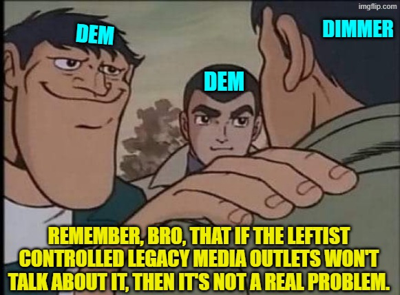 Considering their beta-males and hordes of LGBTQIA+, this is how leftists propagate. | DIMMER; DEM; DEM; REMEMBER, BRO, THAT IF THE LEFTIST CONTROLLED LEGACY MEDIA OUTLETS WON'T TALK ABOUT IT, THEN IT'S NOT A REAL PROBLEM. | image tagged in hand on shoulder guy | made w/ Imgflip meme maker