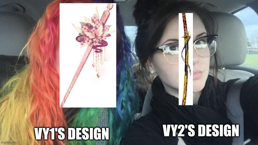 bro VY1 and VY2 differ but they both start with VY | VY1'S DESIGN; VY2'S DESIGN | image tagged in rainbow hair and goth,vy1,vy2,vocaloid | made w/ Imgflip meme maker