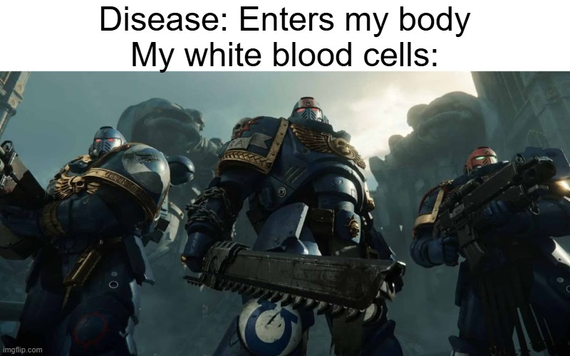 FOR THE BRAIN CELL EMPEROR! | Disease: Enters my body
My white blood cells: | image tagged in warhammer40k,warhammer 40k,warhammer | made w/ Imgflip meme maker