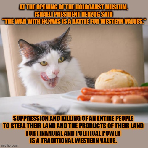 This #lolcat wonders what the difference is between Western and Zionist values | AT THE OPENING OF THE HOLOCAUST MUSEUM, 
ISRAELI PRESIDENT HERZOG SAID 
"THE WAR WITH H@MAS IS A BATTLE FOR WESTERN VALUES."; SUPPRESSION AND KILLING OF AN ENTIRE PEOPLE 
TO STEAL THEIR LAND AND THE PRODUCTS OF THEIR LAND 
FOR FINANCIAL AND POLITICAL POWER 
IS A TRADITIONAL WESTERN VALUE. | image tagged in zionism,lolcat,colonialism,oppression | made w/ Imgflip meme maker