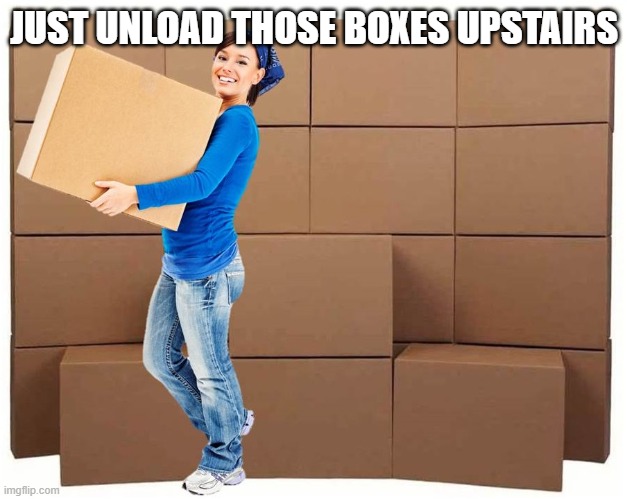 Moving box | JUST UNLOAD THOSE BOXES UPSTAIRS | image tagged in moving box | made w/ Imgflip meme maker