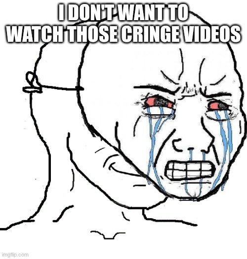 guy with happy face crying mask | I DON'T WANT TO WATCH THOSE CRINGE VIDEOS | image tagged in guy with happy face crying mask | made w/ Imgflip meme maker