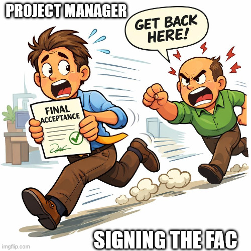 Project manasger with FAC | PROJECT MANAGER; SIGNING THE FAC | image tagged in project management,running,final acceptance | made w/ Imgflip meme maker