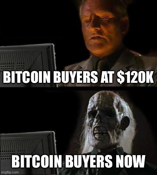 I'll Just Wait Here Meme | BITCOIN BUYERS AT $120K; BITCOIN BUYERS NOW | image tagged in memes,i'll just wait here | made w/ Imgflip meme maker